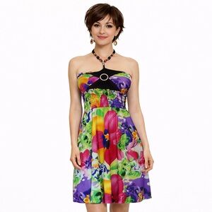 Retro Boho Beaded Halter Floral Sundress M